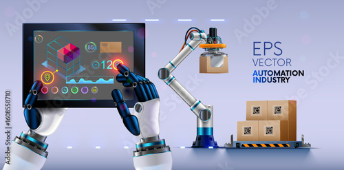Hands of humanoid robot hold tablet in hands. first-person view. Robot on tablet controls loading of boxes on to pallet. AI controls operation of industrial robot arm on factory. AI in industry 4.0