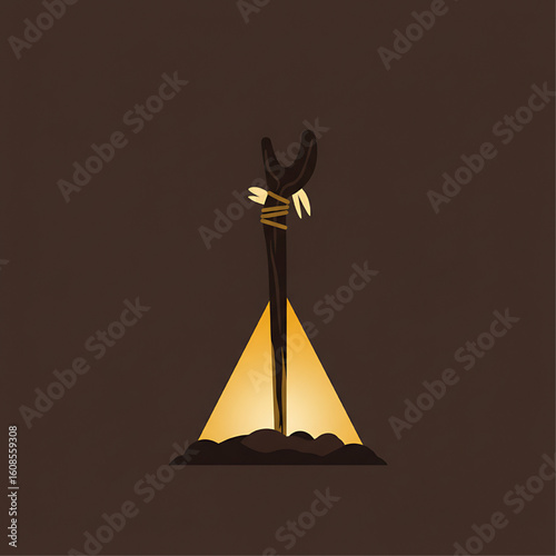 Simple illustration of a wooden spear, tied with rope, standing in the ground near a tent-like structure.