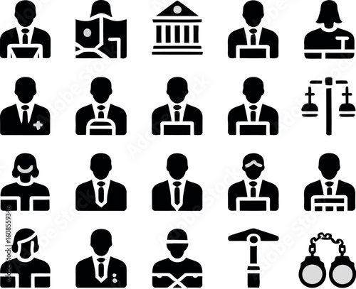 Diverse professions and legal symbols icon set