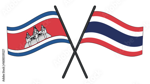 Waving Cambodia and Thailand national flags are crossed over each other on a transparent background