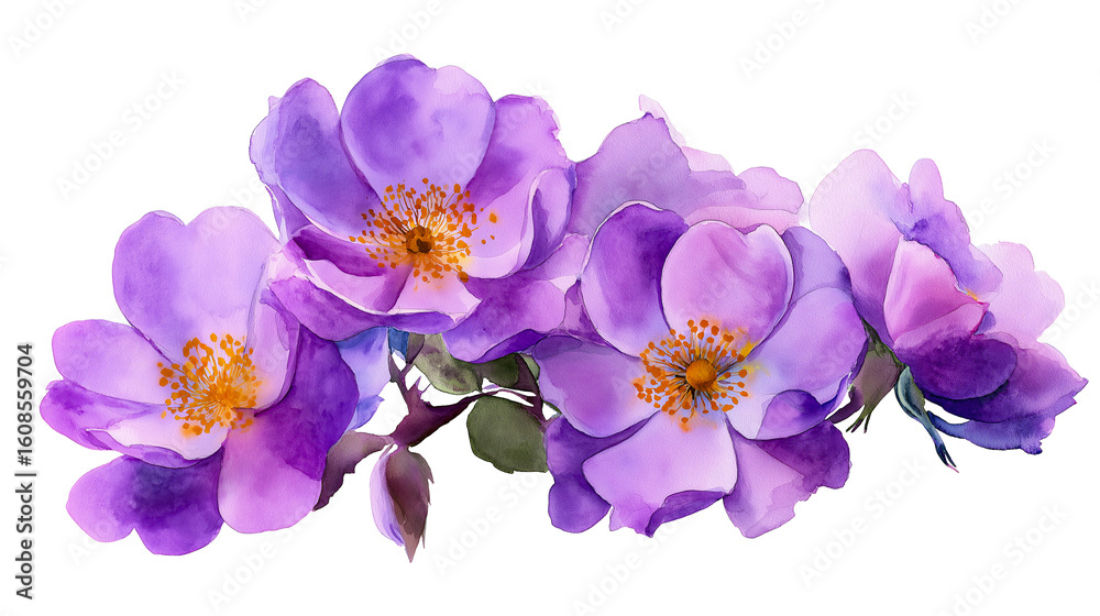 Obraz premium Watercolor illustration of delicate purple flowers with yellow centers, isolated on a transparent background. Ideal for botanical, seasonal, and artistic design use.