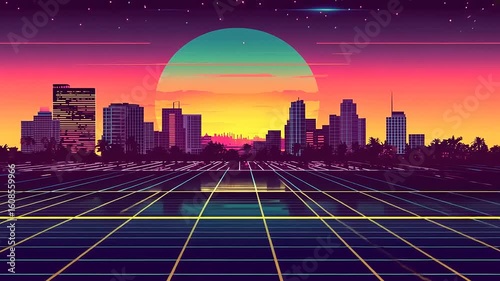 Vibrant retro sunset over a city skyline with palm trees and grid reflection on water