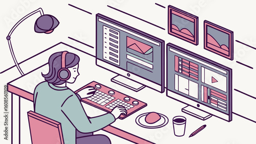 Video editor working on computer workstation with dual monitors and headphones for editing job task