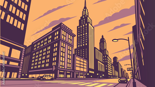 Cityscape illustration of urban architecture with buildings and street view at sunset vector design