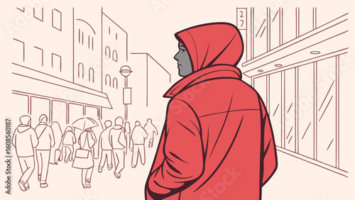 Illustration of hooded figure in red coat walking in city crowd street scene urban exploration concept