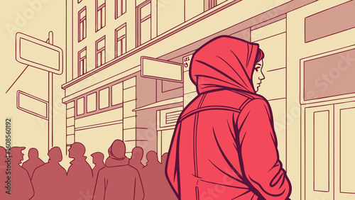 Illustration of muslim woman in hijab walking in city street with crowd and building view scene artwork