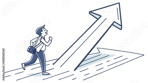 Man running towards success arrow career growth opportunity business development and personal improvement concept