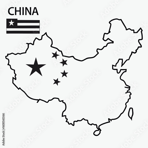 Outlined China map features flag and prominent stars against white, creating a symbolic minimalist design