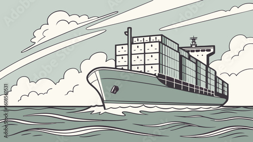 Cargo ship sailing vector illustration of container ship at sea for global trade and shipping import export