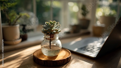 Succulent Plant in Glass Jar on Desk with Laptop and Natural Light