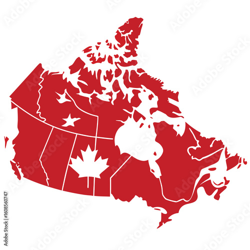 Red country outline reveals the Canada map with the maple leaf centered over the provinces