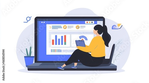 A woman sitting and working on a laptop with data charts and a tablet in a minimalist style design