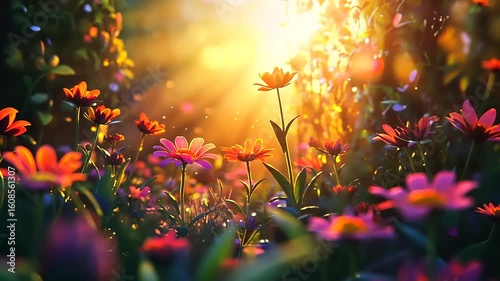 Vibrant wildflower meadow illuminated by golden sunlight, creating a serene and enchanting atmosphere