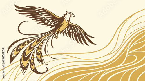 Elegant phoenix bird vector illustration flying with decorative tail and wing design artwork image asset