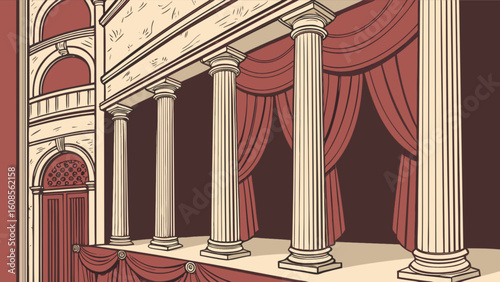 Theater stage with columns and curtains vector illustration for drama performance and show background design