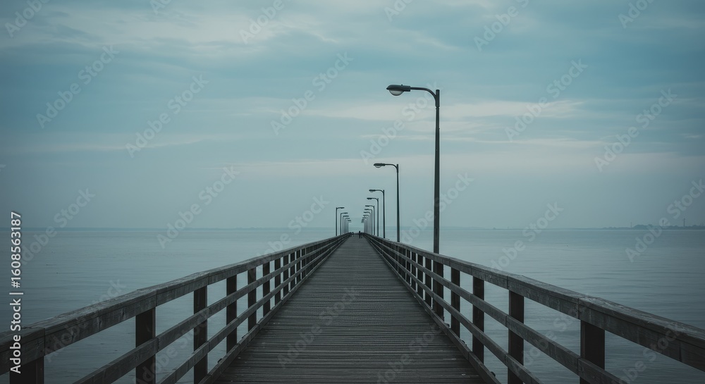 Fototapeta premium A wooden pier extends into a vast, calm body of water under a muted sky