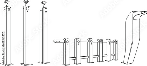 Modern security gate system, smart turnstile technology, biometric access device, contactless entry, vector illustration, surveillance control, seamless user access solution