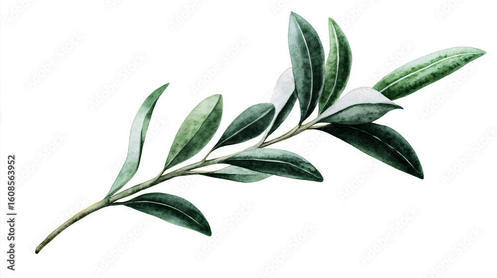 Fototapeta premium Watercolor illustration of an olive branch with lush green leaves, isolated on a transparent background. Perfect for eco-friendly packaging, botanical design, and nature-themed branding.
