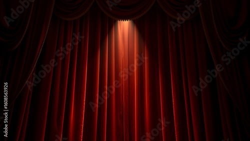 Dramatic red velvet theater curtains with golden details, illuminated by a spotlight.