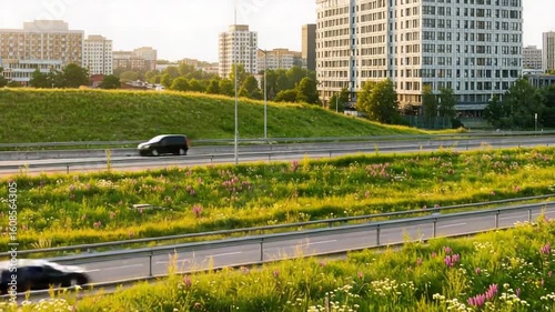 Scenic urban landscape with blooming flowers and cars
