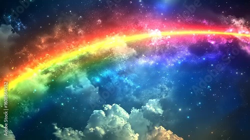 Vibrant rainbow arching across a starry night sky filled with colorful clouds and cosmic wonders