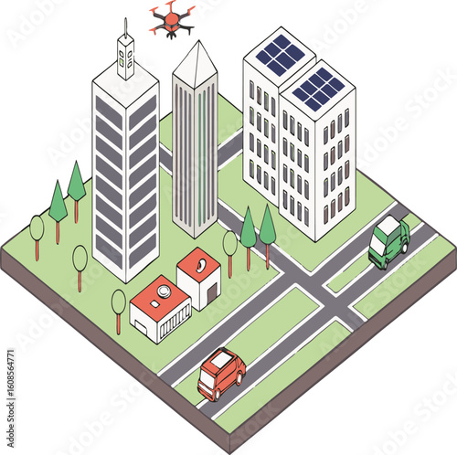 Isometric illustration of a city block with buildings cars drone and solar panels urban