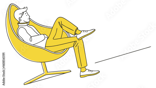 Man relaxing in yellow egg chair illustration for home decor and modern furniture design inspiration