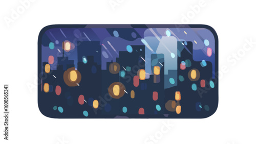 Cityscape night scene illustration vector graphic with rain and city lights for digital background use