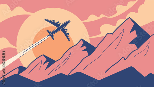 Airplane flying over mountains travel adventure vacation tourism landscape illustration design vector art
