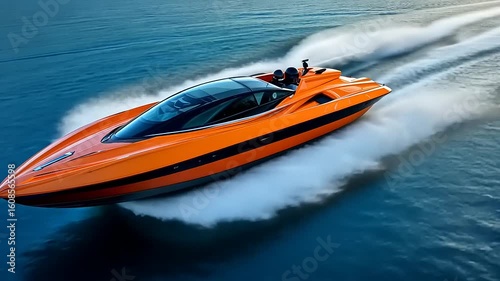 High-speed orange sports boat racing across calm waters with a clear sky in the background
