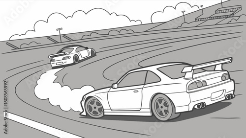 Drifting cars racing on track illustration for automotive enthusiasts and motorsport coloring page for kids
