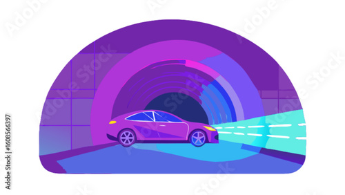 Illustration of purple car driving through tunnel with light and shadow effects for transportation design