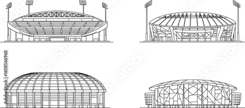 Modern stadium front elevation vector, detailed CAD architecture line art, sports arena blueprint, outline sketch, isolated black illustration