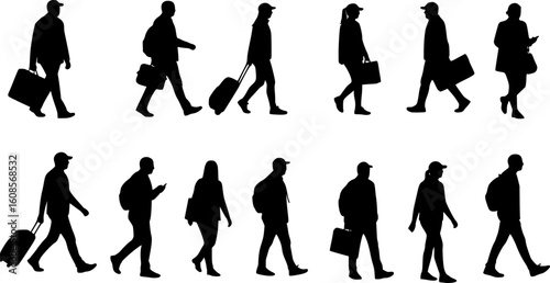 silhouettes of people walking , Silhouettes of people walking with luggage and bags travel on transparent background , no background
