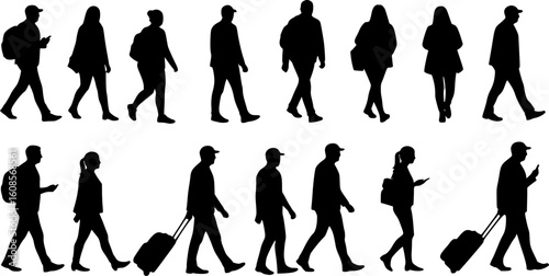 silhouettes of people walking , Silhouettes of people walking with luggage and bags travel on transparent background , no background
