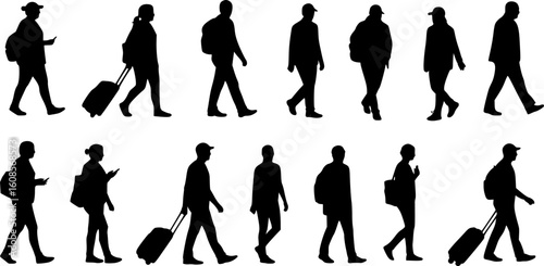 silhouettes of people walking , Silhouettes of people walking with luggage and bags travel on transparent background , no background

