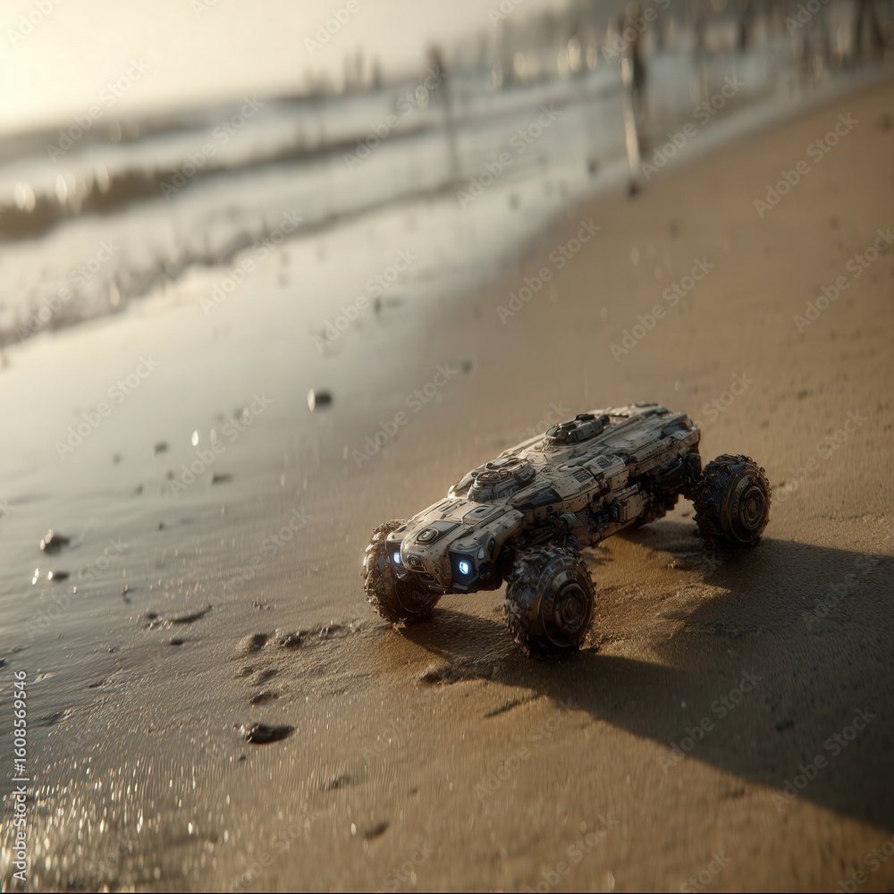 Obraz premium A forgotten futuristic machine lies half-buried in sunlit sand, textures worn by time, evoking silence, mystery, and a sense of quiet decay.
