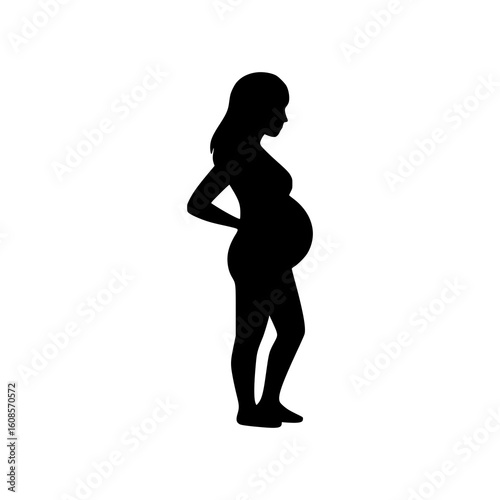Silhouette of Pregnant Woman Standing in Profile Isolated on White Background

