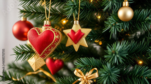Christmas tree with golder patchwork ornament artificial star hearts presents for new year 2018.