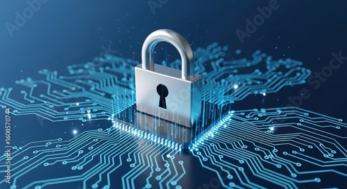 Wallpaper Mural Padlock on a blue circuit board background representing security and data protection. Torontodigital.ca