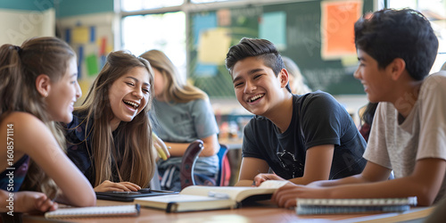 Group of high school students studying together and smiling, Teenagers in classroom learning and interacting joyfully, Youth group enjoying collaborative education environment

