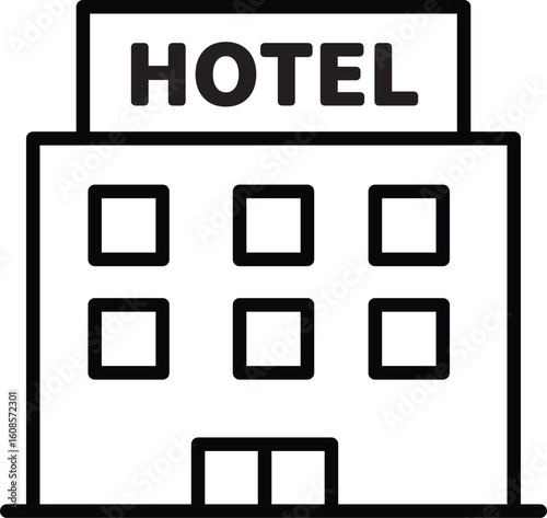 Hotel building icon simple black outline four story structure with rectangular windows double door entrance and sign on top suitable for travel accommodation or hospitality concepts