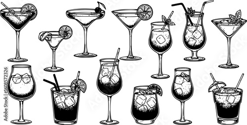 Assorted cocktails collection vector black and white illustration. Various drinks in different glasses with garnishes.
