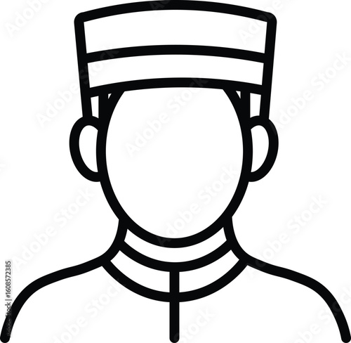 Bellhop uniform hat outline icon hotel service staff hospitality simple line art vector illustration black and white professional occupation male person employee front view minimal style cartoon