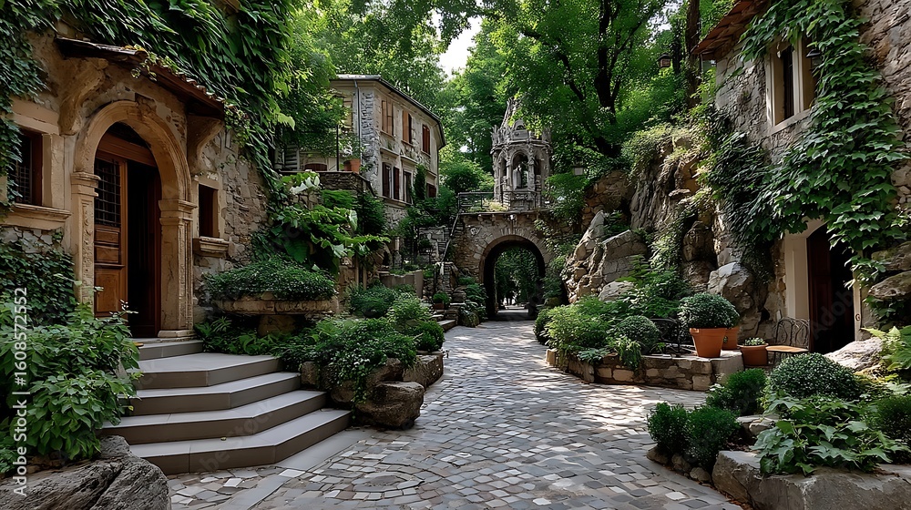 Naklejka premium Abandoned stone ruins overgrown with green forest high resolution image