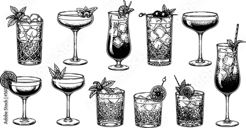 Assorted cocktails collection vector black and white illustration. Various drinks in different glasses with garnishes.