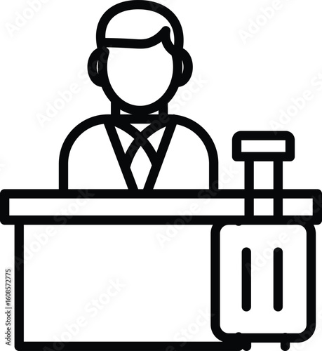 Hotel reception icon front desk staff with suitcase representing hospitality service travel and check in process suitable for tourism business and accommodation concepts
