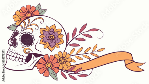 Sugar skull with flowers vector art day of the dead illustration mexican tradition dia de los muertos design