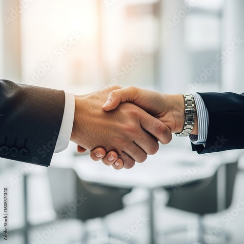 Two people in suits shake hands indoors in a bright office setting.