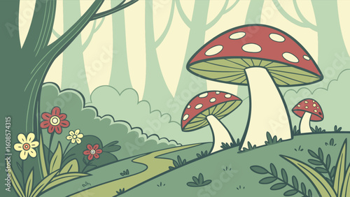 Cartoon mushroom forest illustration with amanita mushrooms flowers and trees vector graphic design art